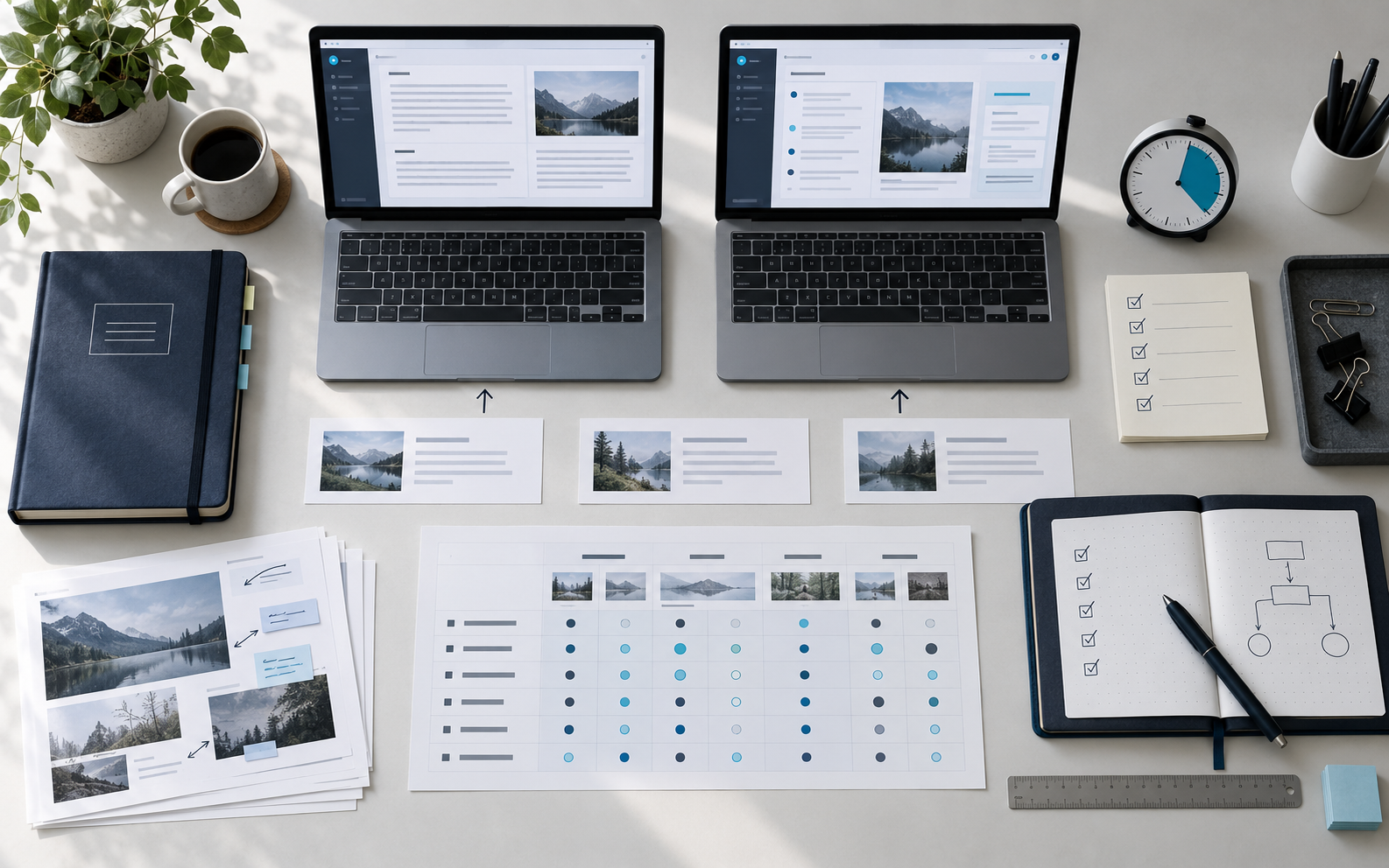 Two laptops, test notes and a comparison matrix arranged for a controlled evaluation