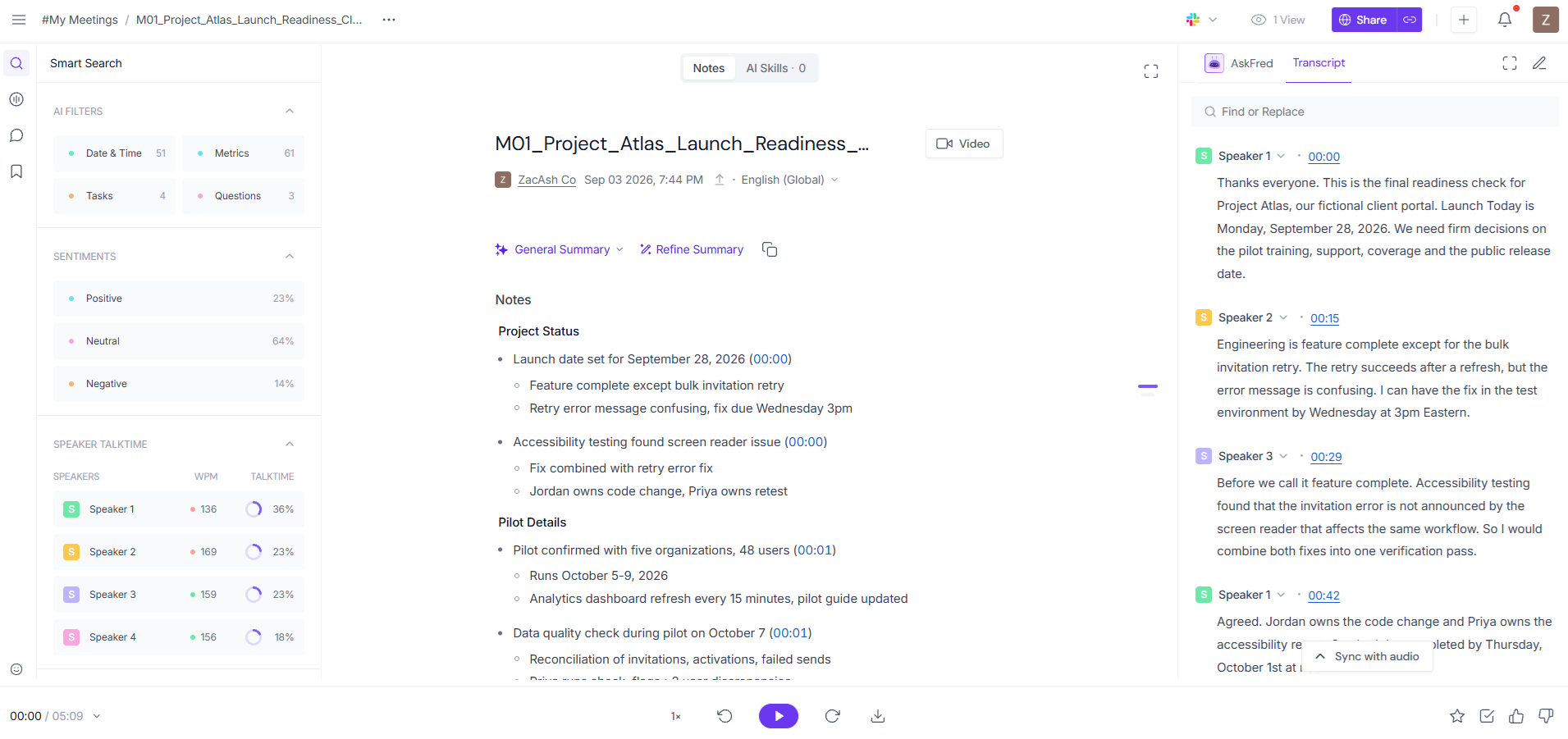 Fireflies clean-audio transcript, notes and analytics