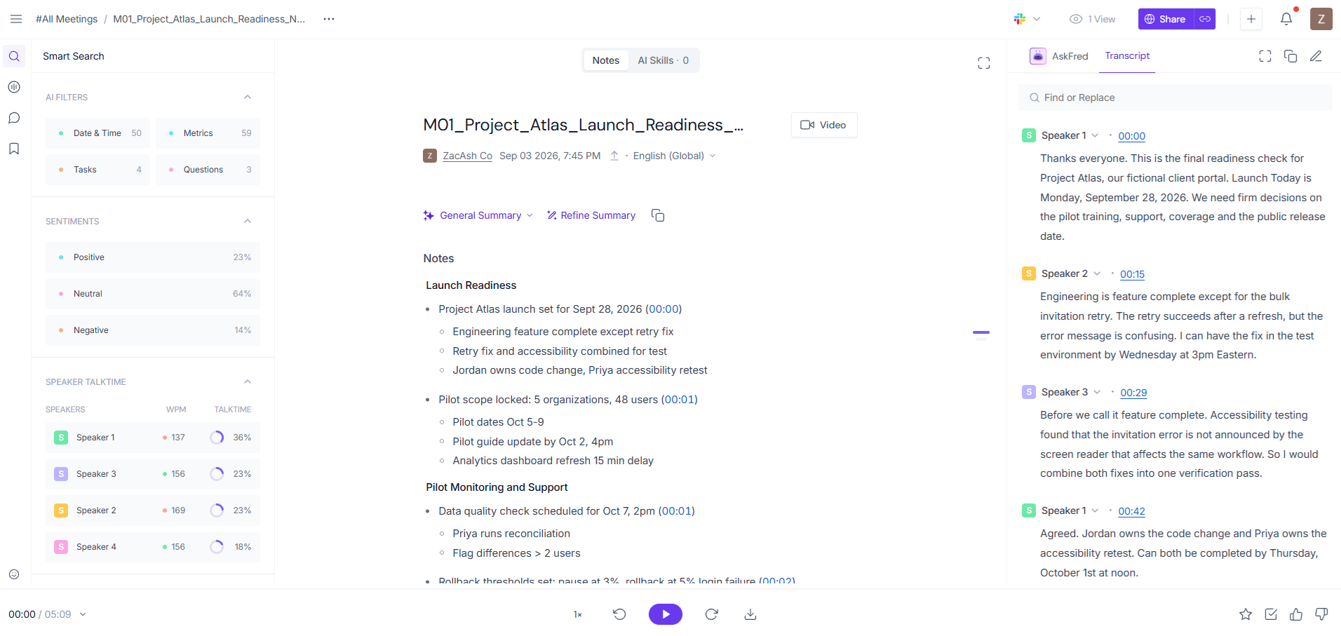 Fireflies noisy-audio transcript and AI notes