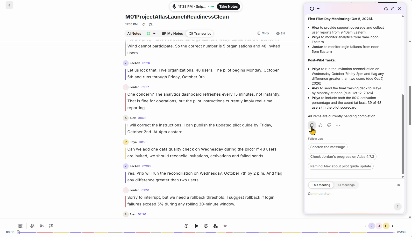 Krisp clean-audio transcript beside extracted action items