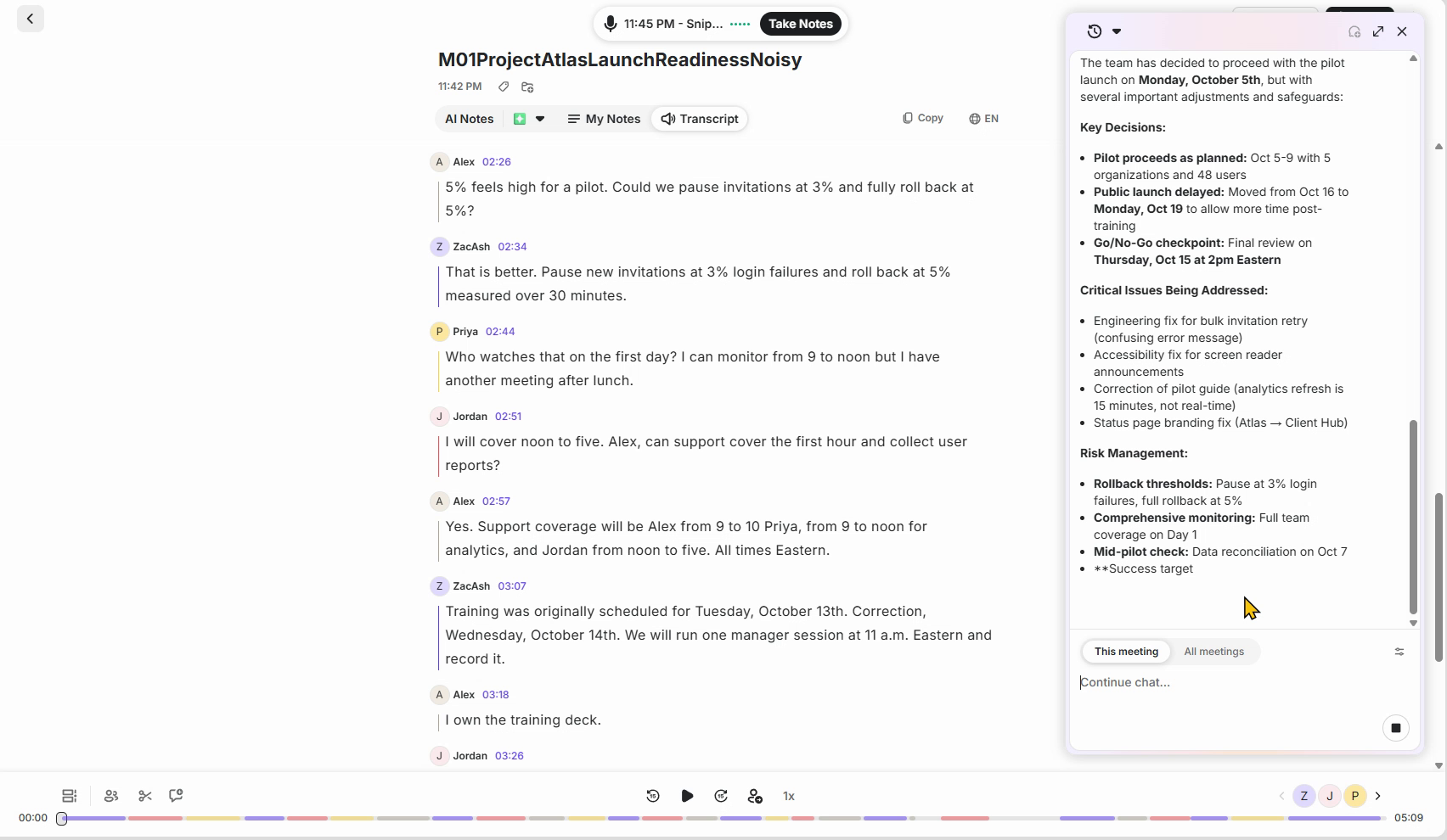Krisp noisy-audio transcript beside extracted key decisions